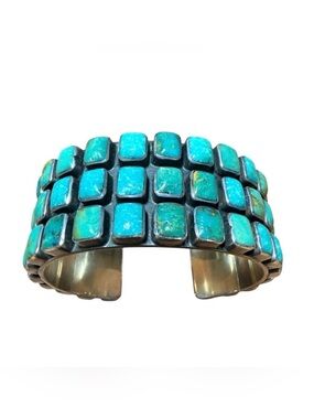 Federico Jimenez Mexican Turquoise Sterling Silver Cuff Bracelet Heavy 3 Row